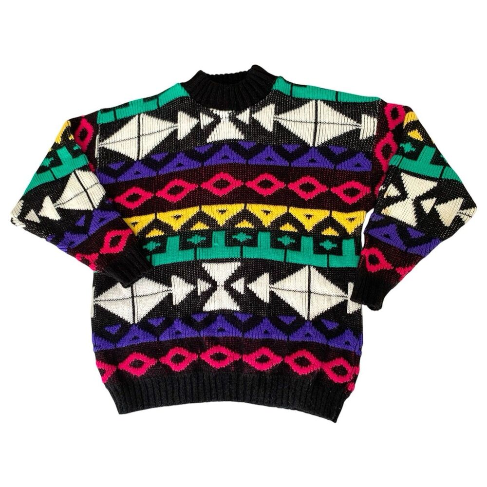VTG 90s Rosanna Sweater Girls L Black Colorful Geometric Knit Mock Retro Funky